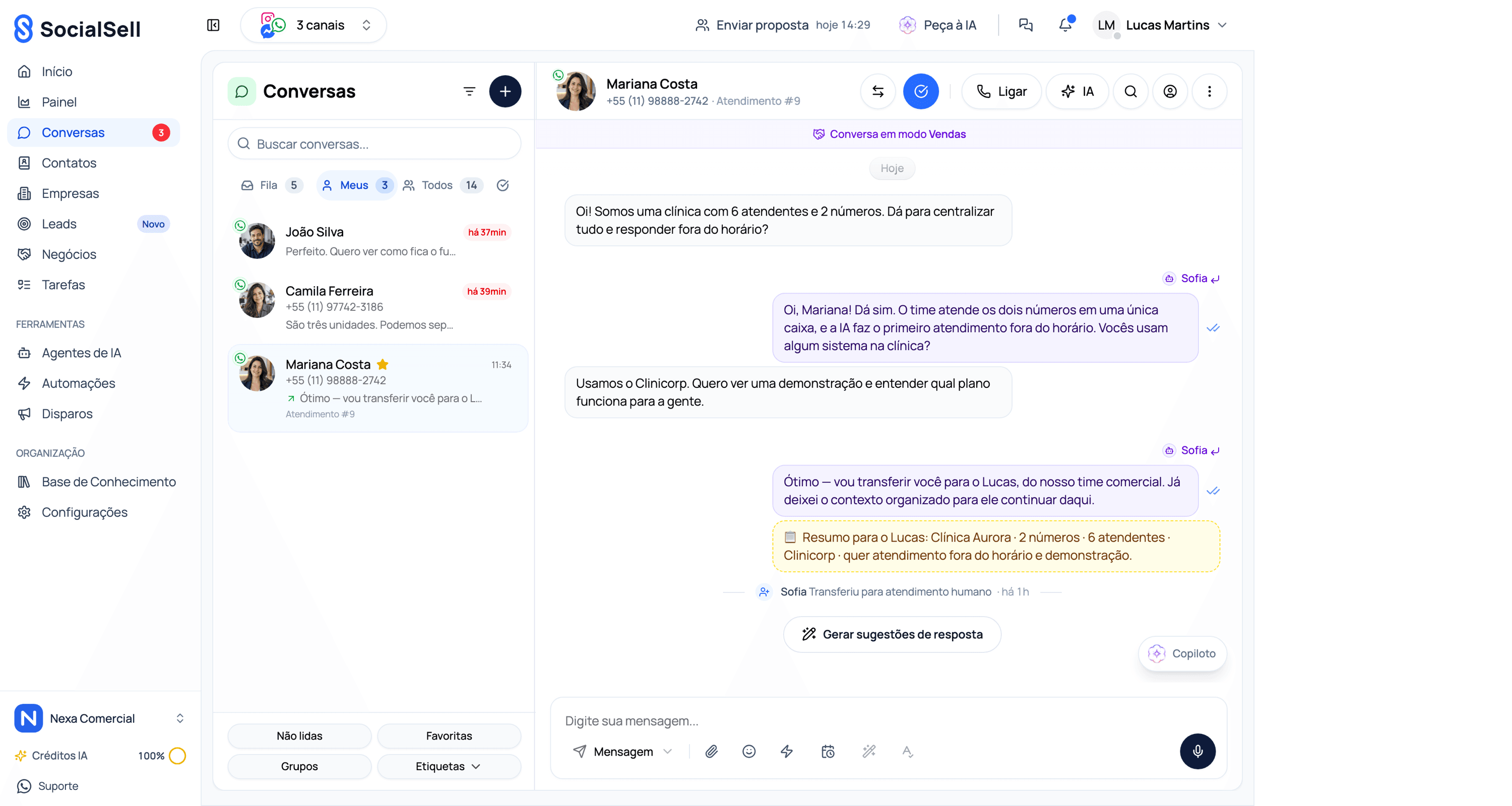Conversa no SocialSell atendida por IA e transferida para um vendedor